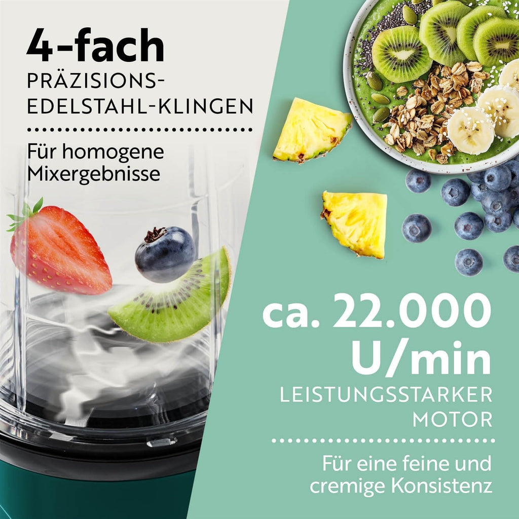GOURMETmaxx Frullatore per Smoothie e Frullatore a Immersione Set da 18 pezzi - 400W | Frullatore Elettrico da 750ml, Mixer con 4 Bicchiere To-Go, 2 Lame, Spremiagrumi, Piedistallo e Coperchio | Lavabile in Lavastoviglie, a Prova di Perdite e Senza BPA