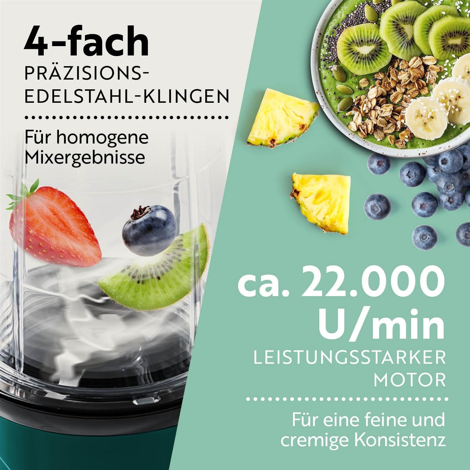 GOURMETmaxx Frullatore per Smoothie e Frullatore a Immersione Set da 18 pezzi - 400W | Frullatore Elettrico da 750ml, Mixer con 4 Bicchiere To-Go, 2 Lame, Spremiagrumi, Piedistallo e Coperchio | Lavabile in Lavastoviglie, a Prova di Perdite e Senza BPA