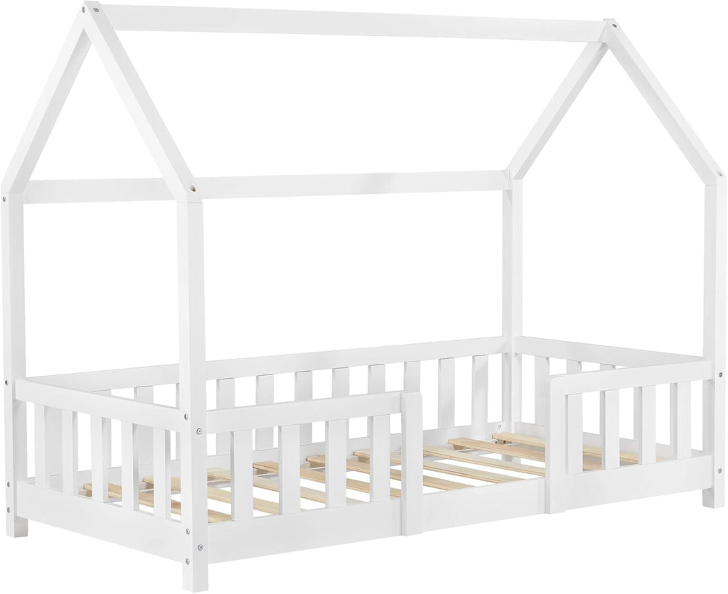 [en.casa] Letto per bambini Sisimiut a capanna 80 x 160 cm con protezione anticaduta letto in legno per bambini letto a terra rete a doghe in legno di pino Bianco opaco