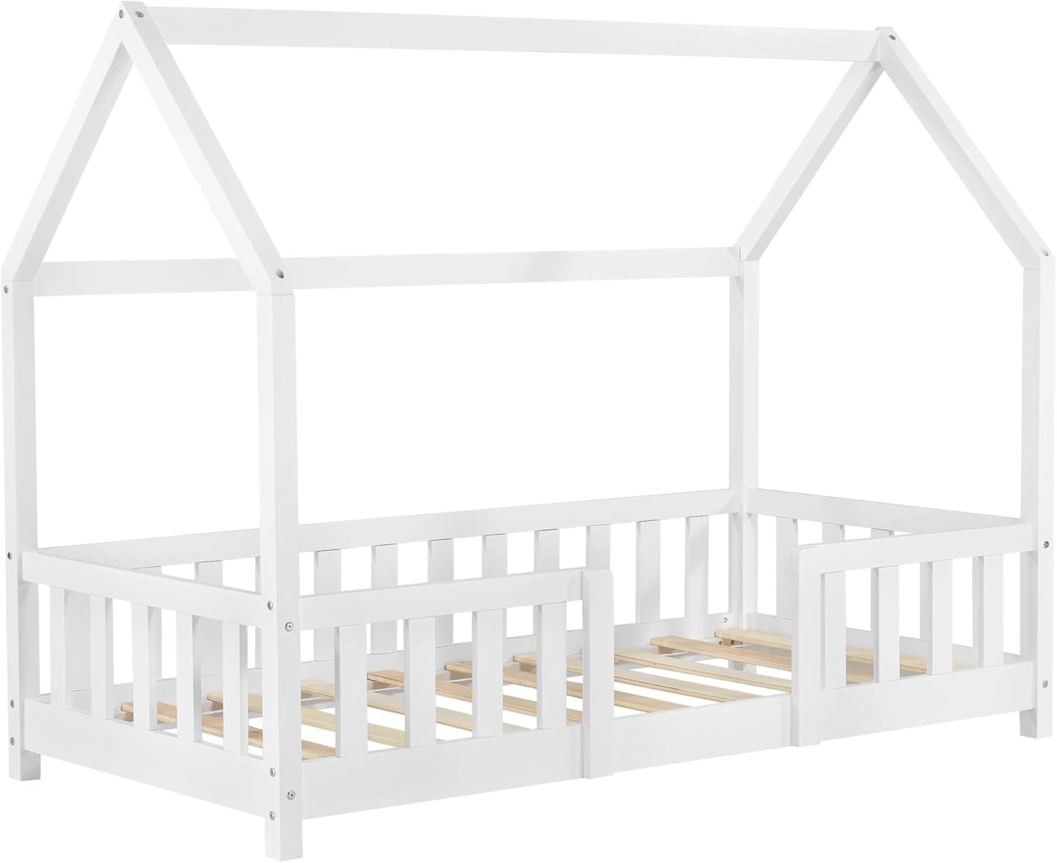 [en.casa] Letto per bambini Sisimiut a capanna 80 x 160 cm con protezione anticaduta letto in legno per bambini letto a terra rete a doghe in legno di pino Bianco opaco