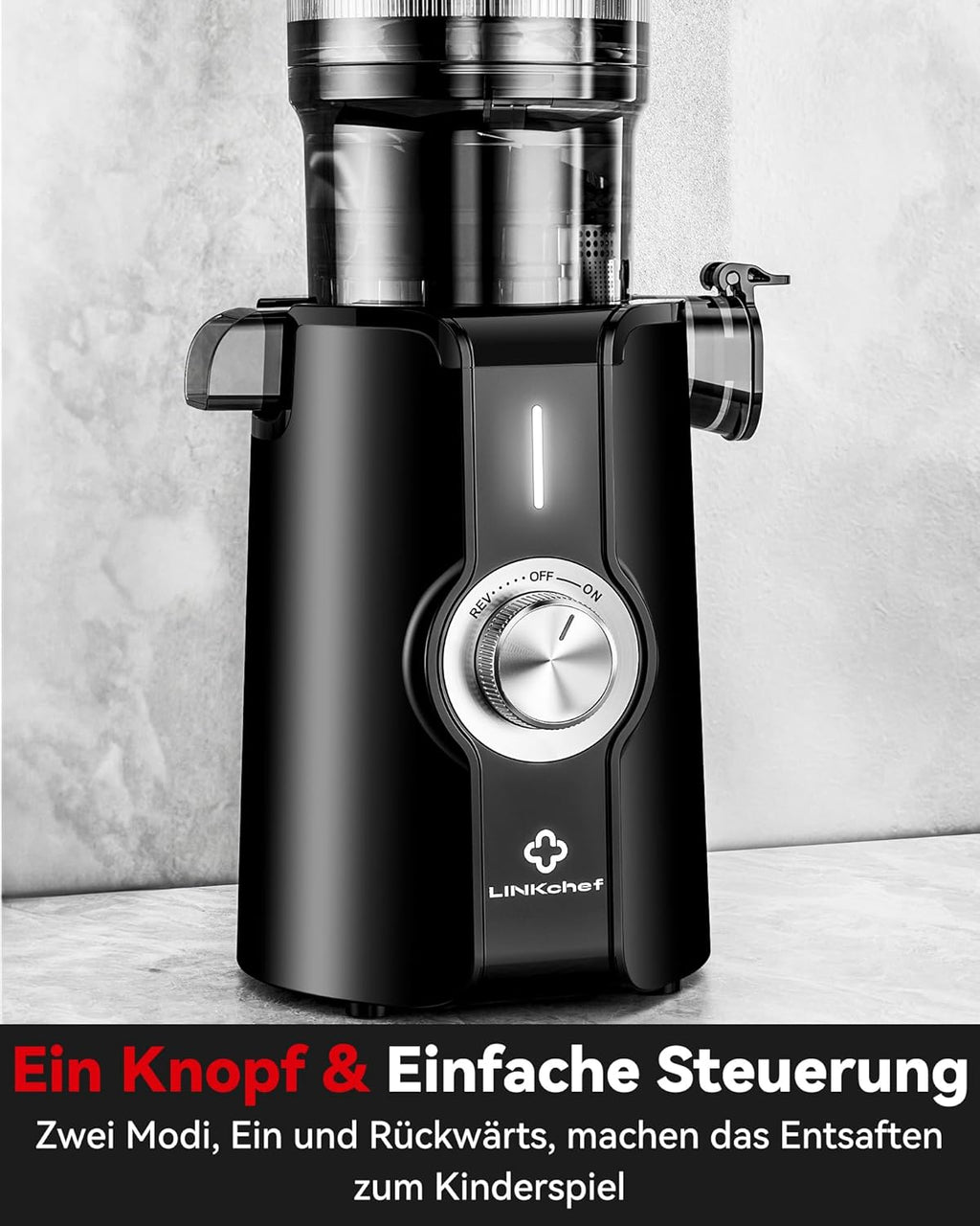 LINKChef Schnellreinigungs Entsafter, NO-Prep Entsafter Gemüse und Obst, Blitzreiniger Saftpresse Slow Juicer Testsieger mit Einfacher Installation, BPA Frei, 115mm, 1.2L, 200w Schwarz