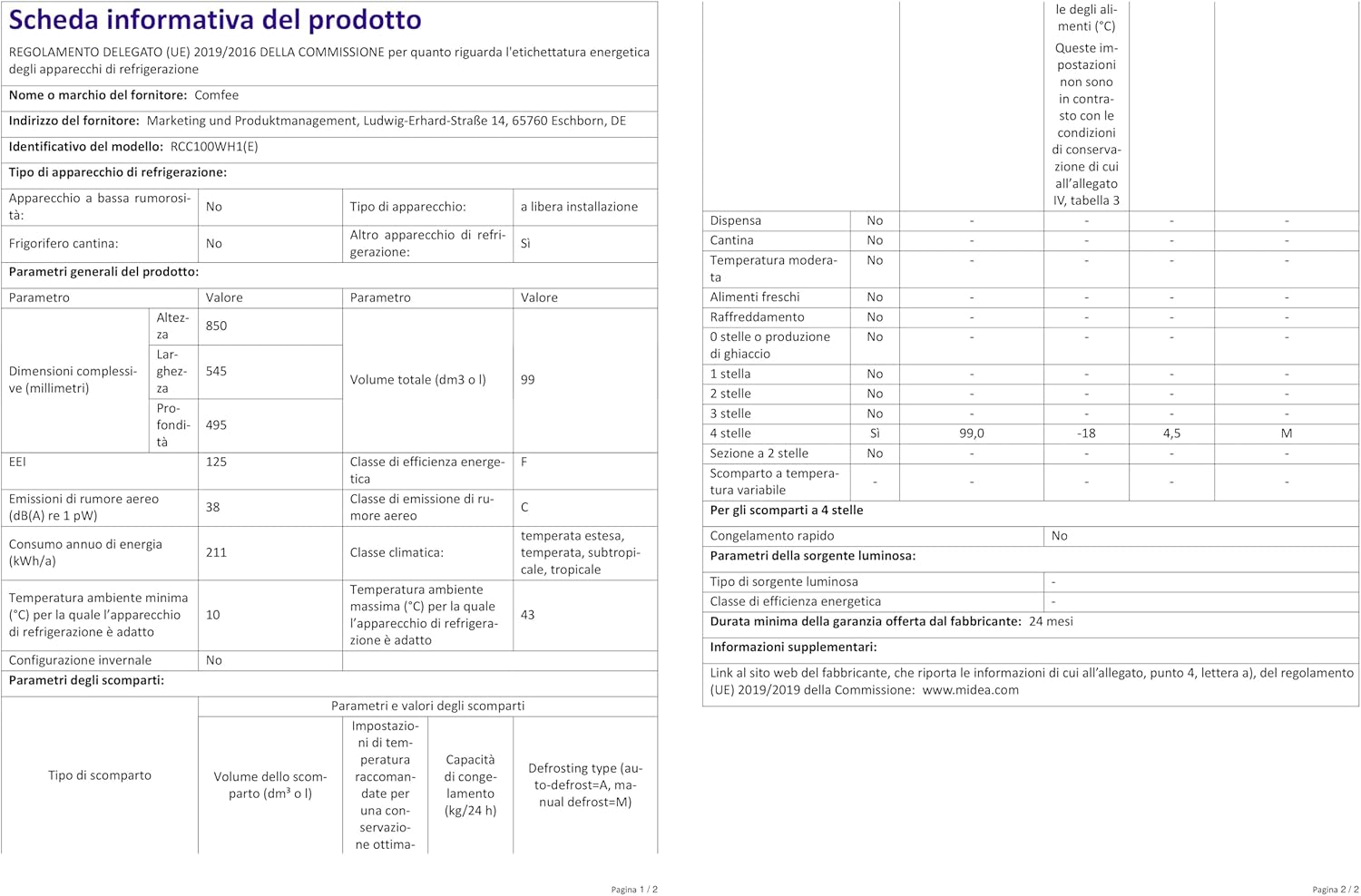 Comfee RCC100WH2(E) Congelatore a Pozzo/169 kWh/anno/85cm di altezza/99L/38dB/Bassa rumorosità/Tubo a D ad alta efficienza/Adatto a diversi scenari d'uso/Regolatore di temperatura regolabile/Bianco