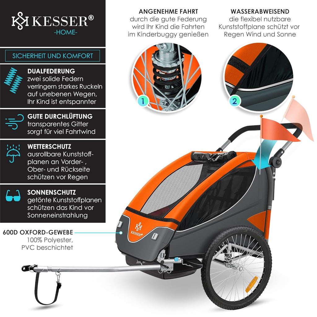 KESSER® Kinderanhänger Fahrradanhänger 360° Drehbar mit Federung 2in1 Joggerfunktion Kinderfahrradanhänger + 5-Punkt Gurt Jogger Fahrrad Anhänger für 1 bis 2 Kinder max. 40kg Inkl. Warnfahne Hellgrau