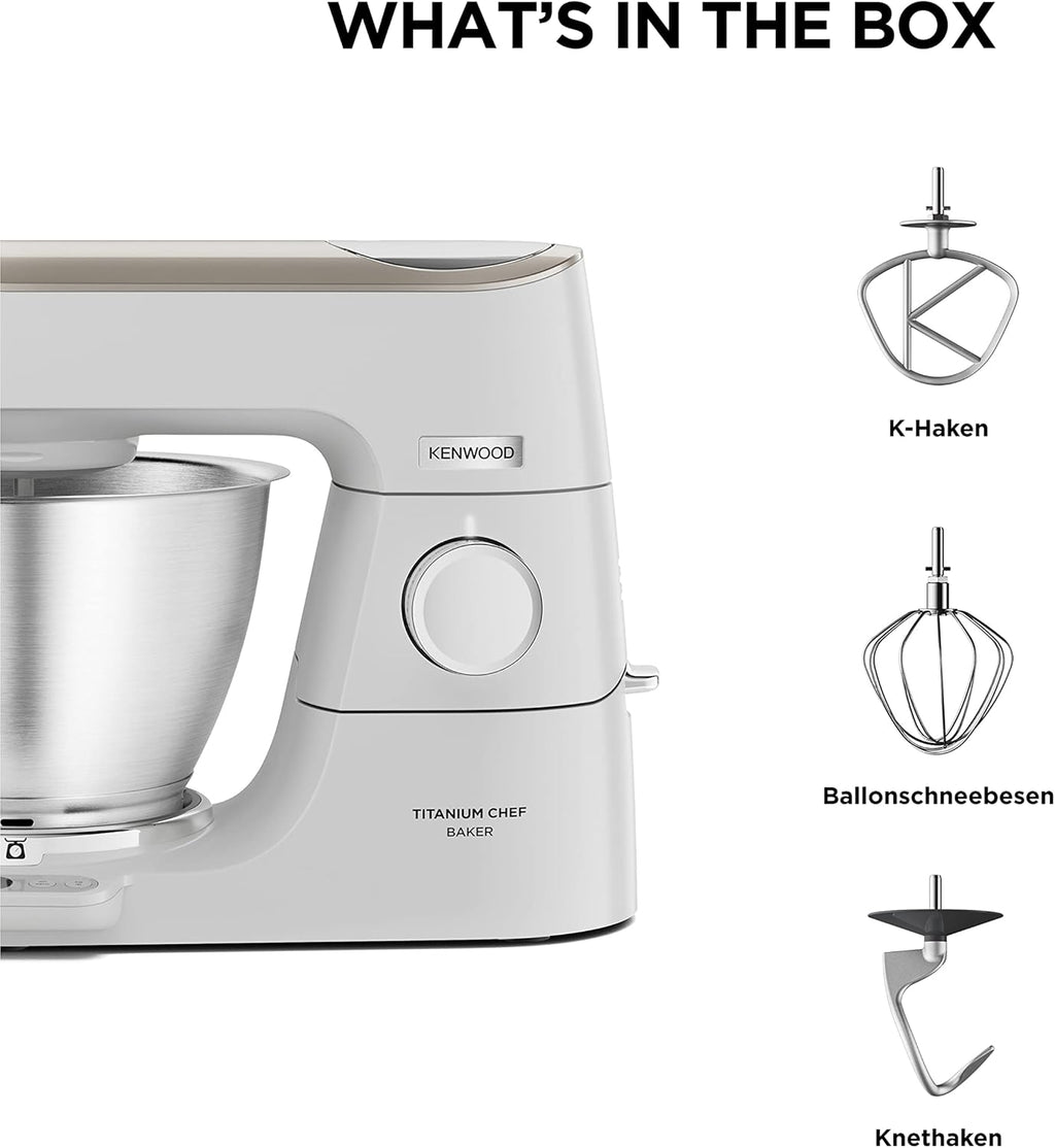 Kenwood Titanium Chef Baker KVL85.424SI Robot da cucina con bilancia integrata, incl. set pasticceria da 4 pezzi, ciotole da 7 L e 5 L, regolazione continua della velocità, 1200 W, Argento