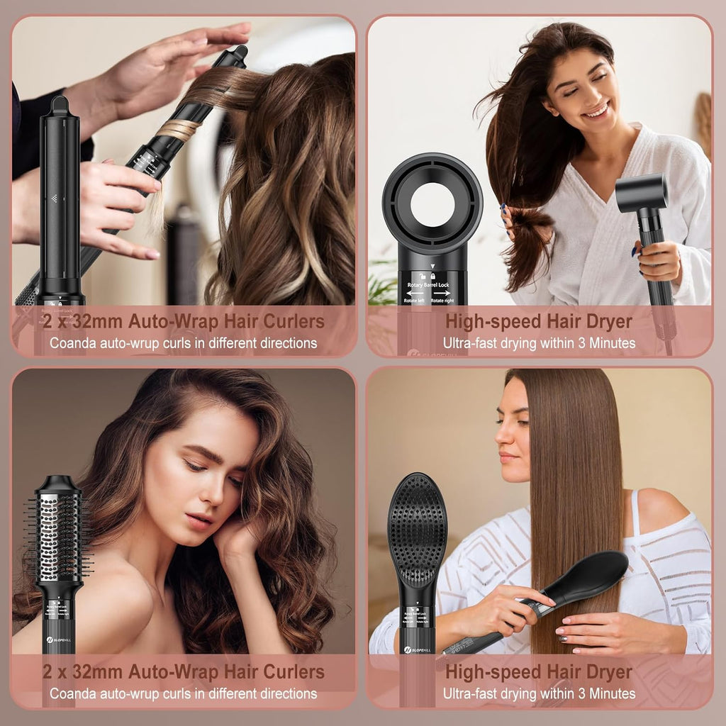 Slopehill Airstyler 5 IN 1, Asciugacapelli Ionico ad Alta Velocità da 110.000 Giri/min per Asciugatura Rapida, Multi-Haarstyler con Arricciacapelli Automatico ad Aria, Spazzola Lisciante e Spazzola Volumizzante (Nero)