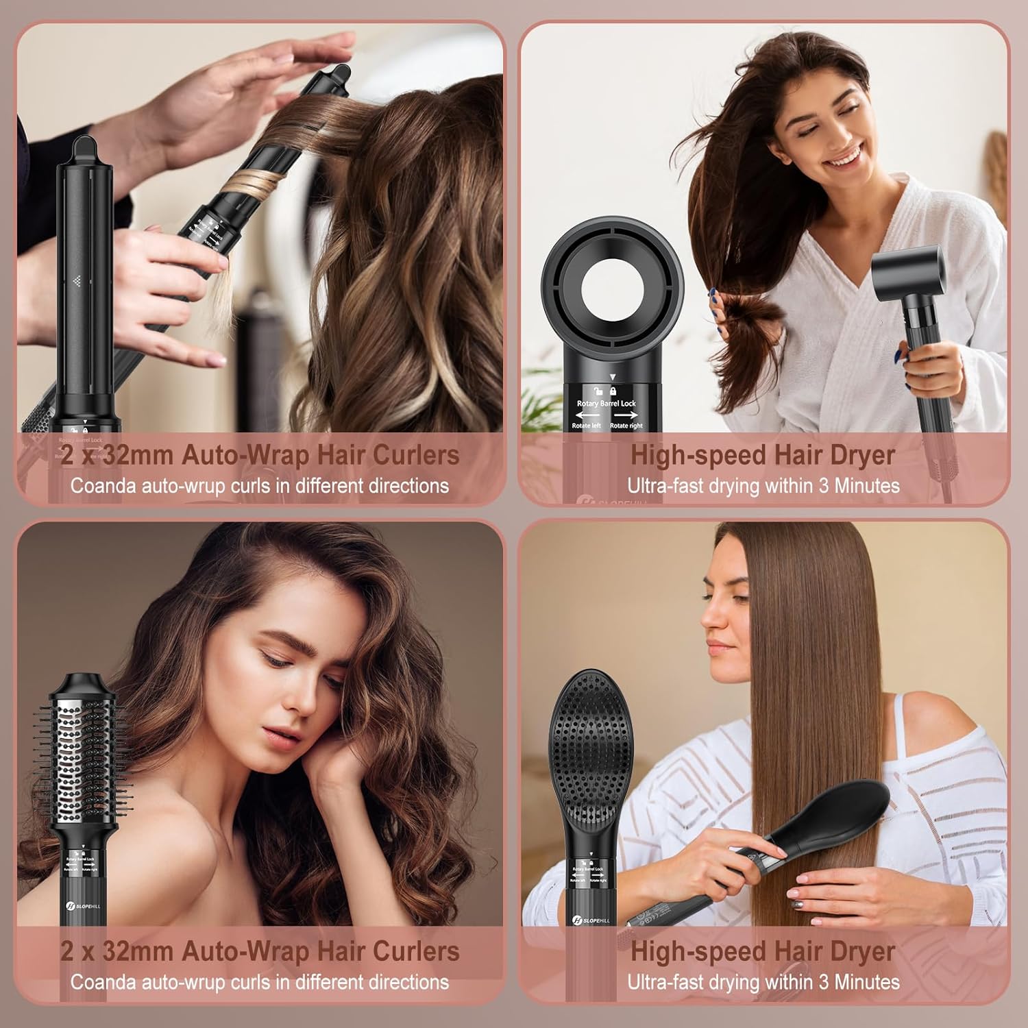 Slopehill Airstyler 5 IN 1, Asciugacapelli Ionico ad Alta Velocità da 110.000 Giri/min per Asciugatura Rapida, Multi-Haarstyler con Arricciacapelli Automatico ad Aria, Spazzola Lisciante e Spazzola Volumizzante (Nero)