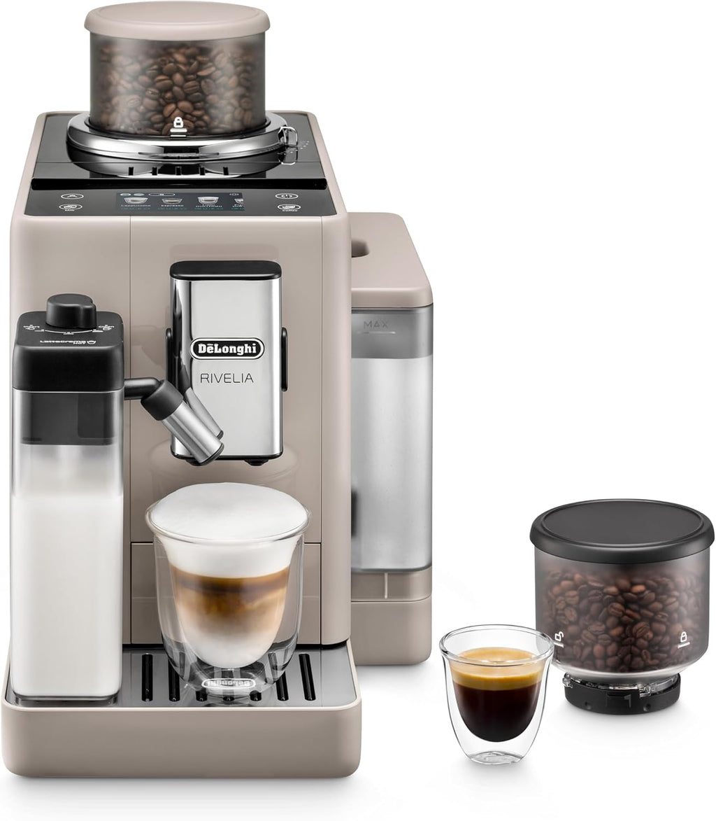 De'Longhi Rivelia EXAM440.35.BG Macchina da caffè automatica con lancia vapore, contenitore chicchi intercambiabile, 8 bevande a base di caffè one-touch, funzione Extra Shot, display touch da 3,5 pollici, Beige