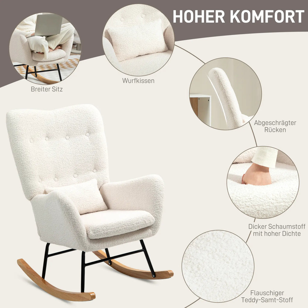 HOMCOM Sedia a Dondolo da Soggiorno con Dondolio Lieve, Tessuto Teddy, Bianco Crema