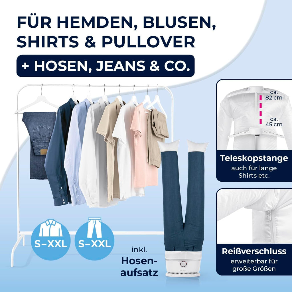 CLEANmaxx Stiratore automatico per camicie per asciugare e stirare camicie e bluse, inclusivo di accessorio per pantaloni | Il modo innovativo e delicato per stirare il vostro bucato