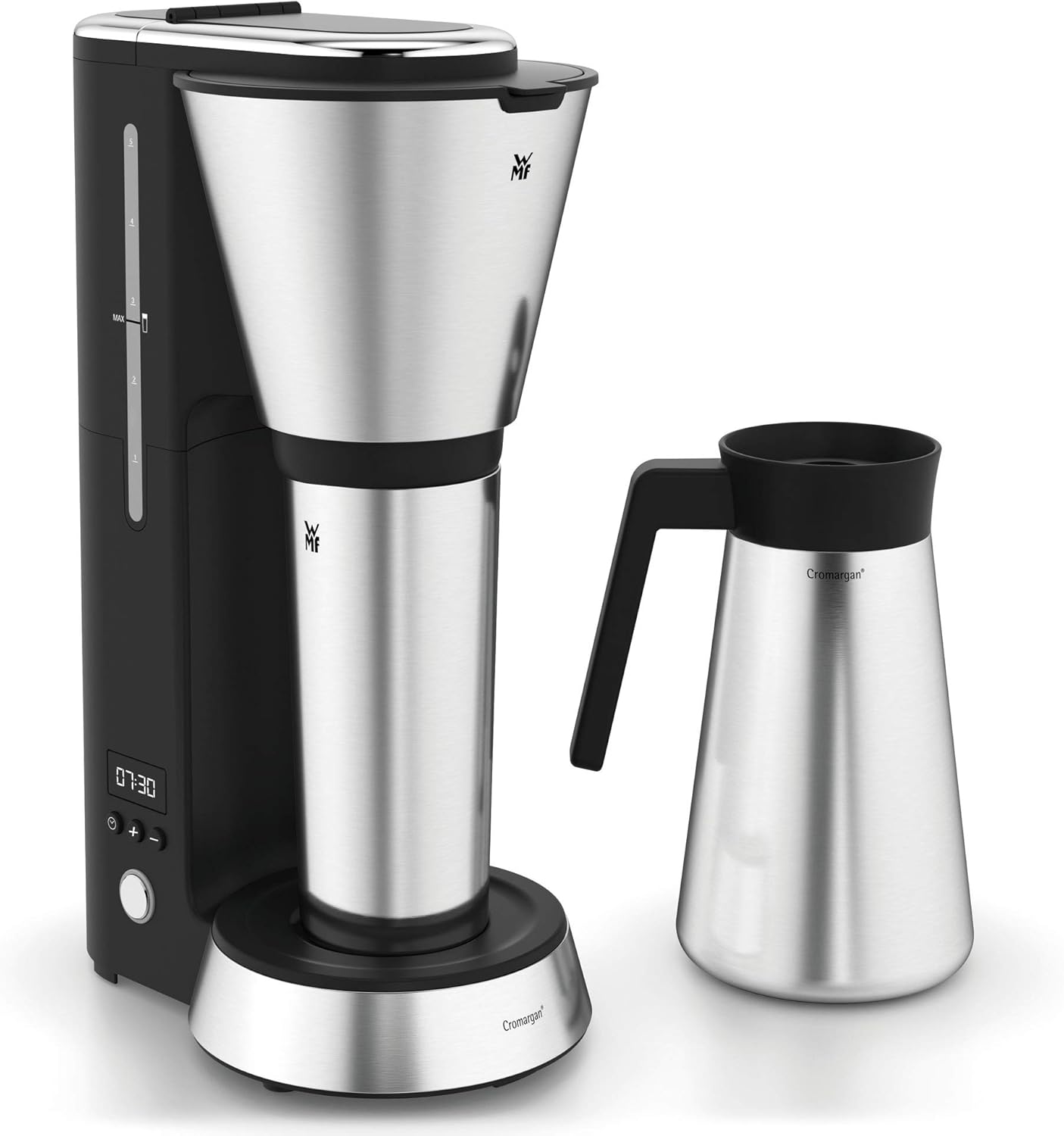 WMF Küchenminis Macchina da caffè con filtro Aroma, piccola, con caraffa termica, 870 Watt, tazza termica da asporto, macchina da caffè singola piccola con timer, cromargan opaco