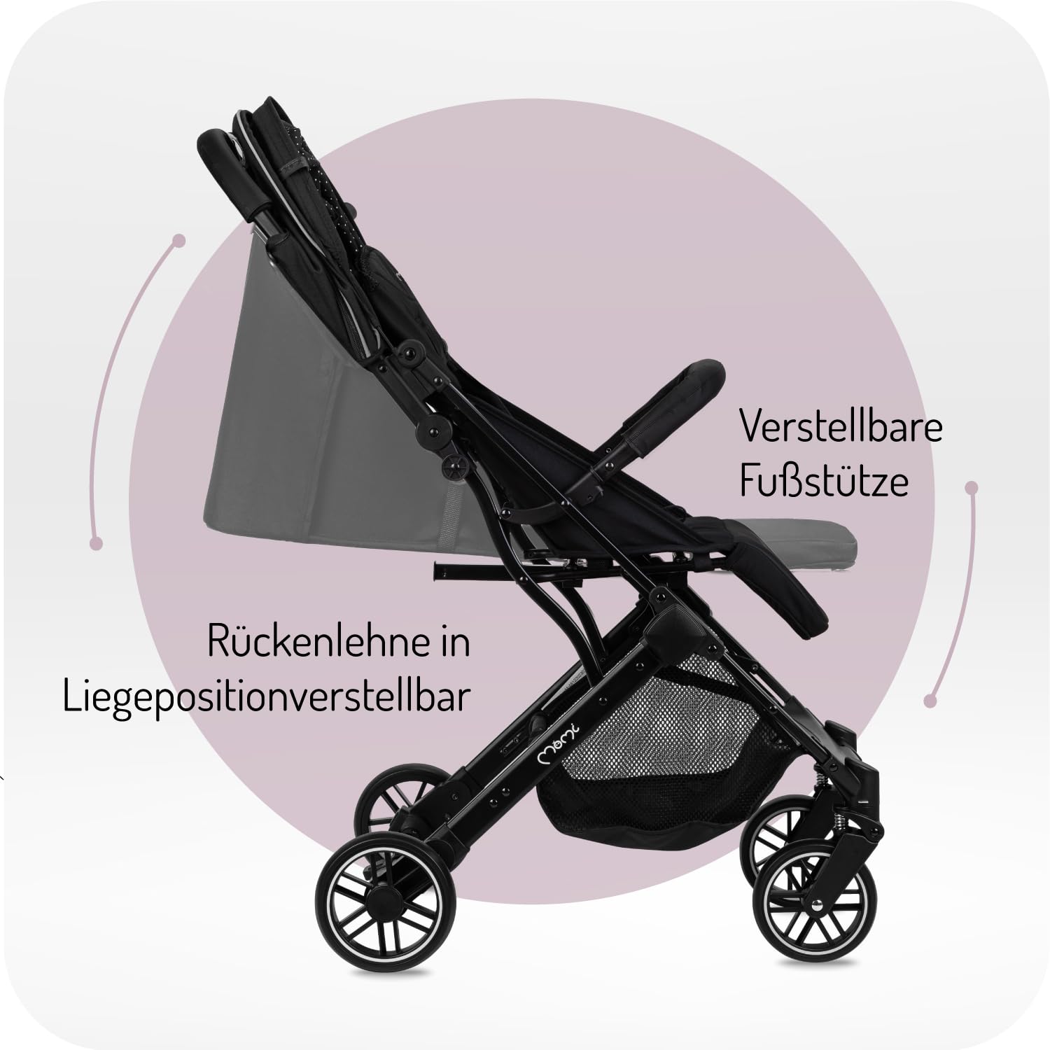 MOMI ESTELLE Kinderwagen für Kinder ab 6 Monat bis zu max körpergewicht von 15 kg, klappbar auf die Maße 65 x 51 x 21 cm, gewicht 7,5 kg, 5-Punkt-Sicherheitsgurt, koffer, grau-gold, Räder 6''/6,5''