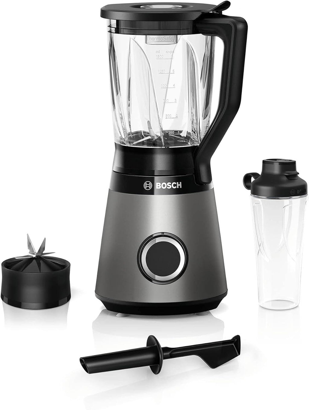 Bosch Standmixer VitaPower Serie 4 MMB6174SN, verbesserte Version, hochwertige Edelstahl-Klingen, 1,5l Glasbehlter, 0,6l To-Go-Flasche, spülmaschinenfeste Teile, 30.000 U/min, 1200 W, silber