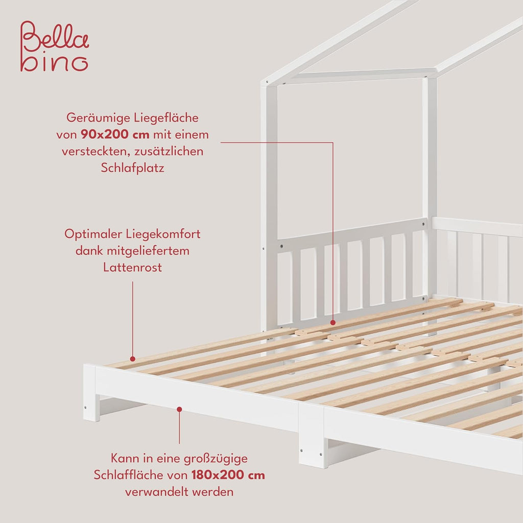 Bellabino Lettino per bambini Bia 140x200 cm, letto a capanna per bambini con protezione anticaduta e rete a doghe arrotolabile, letto a terra Montessori bianco in legno massello di pino