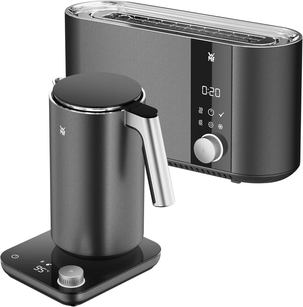 WMF Master Toaster Langschlitz motorizzato, tostapane 2 fette, pane tostato XXL, centratura automatica del pane, funzione Check-Up, tostapane 980 W, pannello touch, barra luminosa LED, tostapane acciaio inox opaco