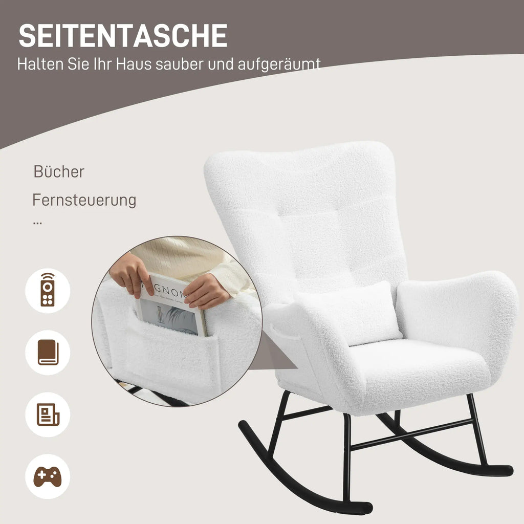 HOMCOM Schaukelstuhl Polsterstuhl Schwingfunktion Seitentasche Weiß