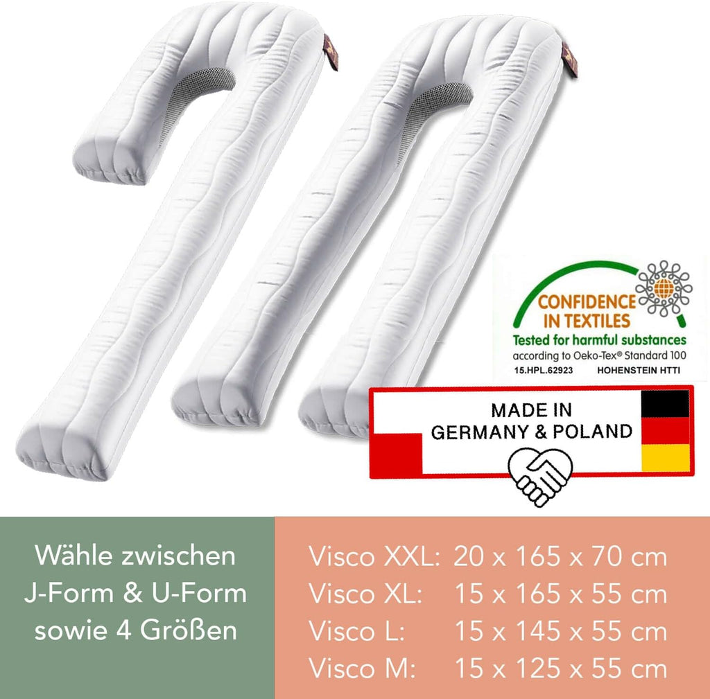 Traumreiter Visco XXL Seitenschläferkissen mit Bezug Baumwolle Graphit Grau, Hybrid Kissen + 1cm Memory Foam, U förmiges Schwangerschaftskissen Gel Body Pillow Komfortkissen Ergonomie Zertifiziert