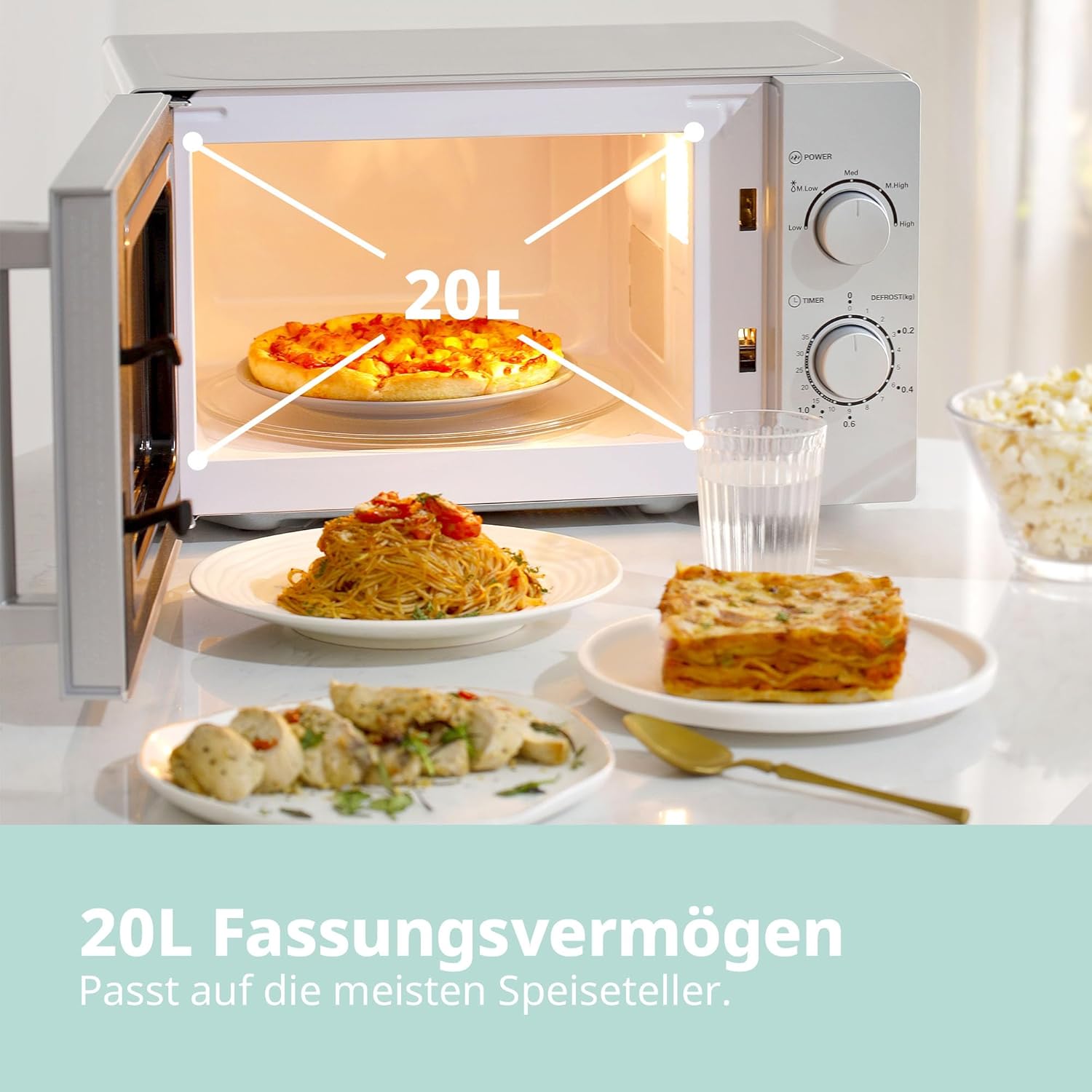 Comfee CMSN 20 wh Microonde/Solo microonde con 5 livelli di potenza/Illuminazione interna/Funzione di scongelamento facile/Piatto girevole a 360°/Due manopole rotanti/20L/700W/Bianco, Meccanico