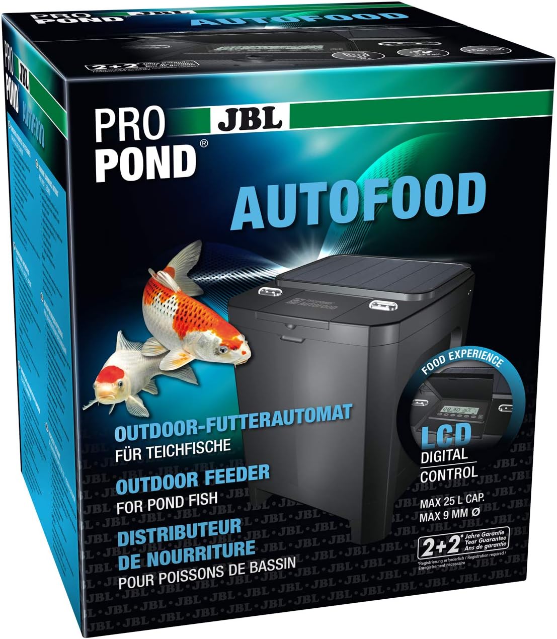 JBL Dosatore automatico per mangime per Koi e altri pesci da stagno, PROPOND AUTOFOOD, Resistente alle intemperie, Solare, 37,5 x 37,5 x 46,2 cm, nero