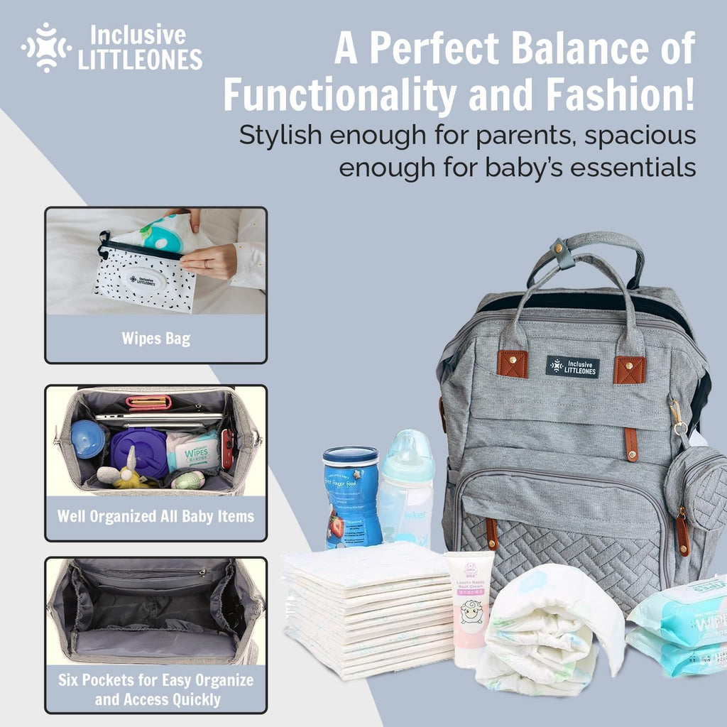 Inclusive LittleOnes Wickeltasche mit Wickelstation, Babytasche für Jungen und Mädchen, wasserdichtes Oxford, großes Fassungsvermögen, USB-Ladeanschluss, Schnulleretui, reisefreundliche und