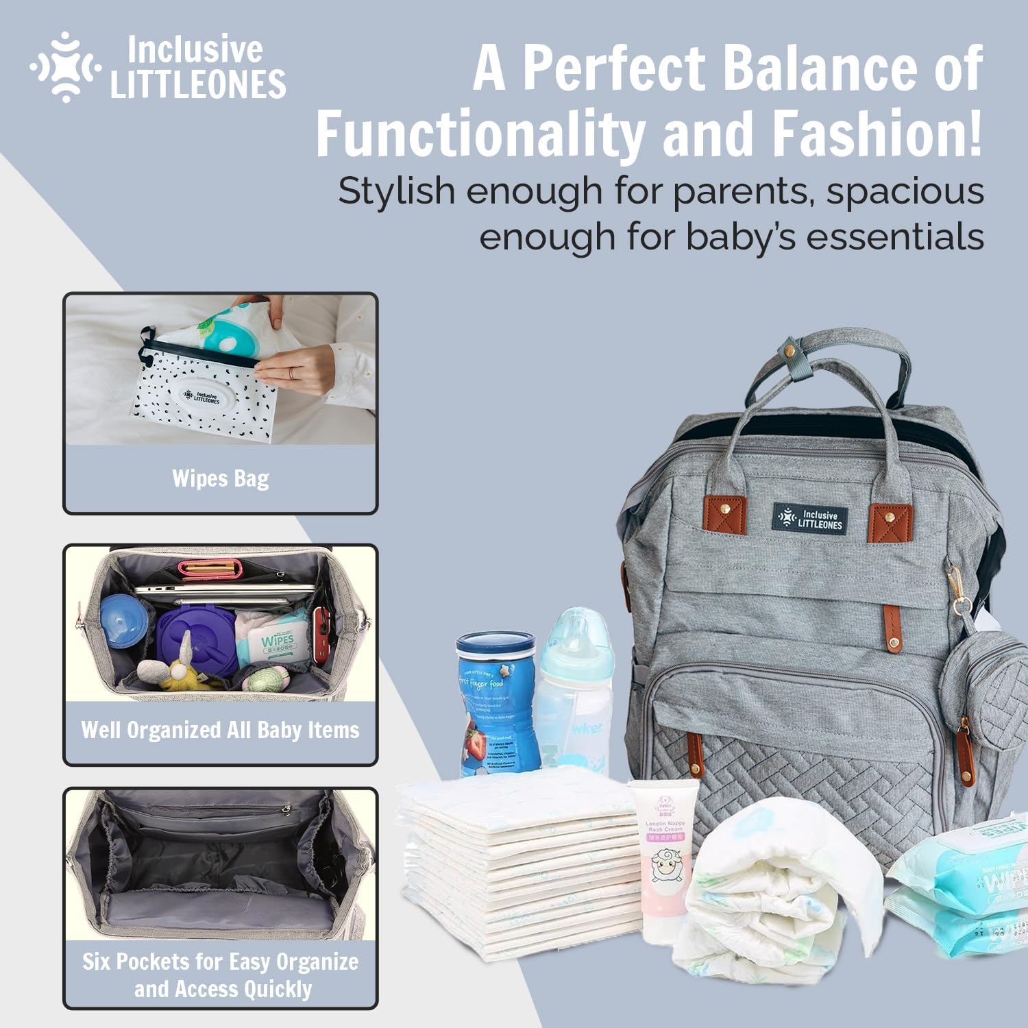 Inclusive LittleOnes Wickeltasche mit Wickelstation, Babytasche für Jungen und Mädchen, wasserdichtes Oxford, großes Fassungsvermögen, USB-Ladeanschluss, Schnulleretui, reisefreundliche und