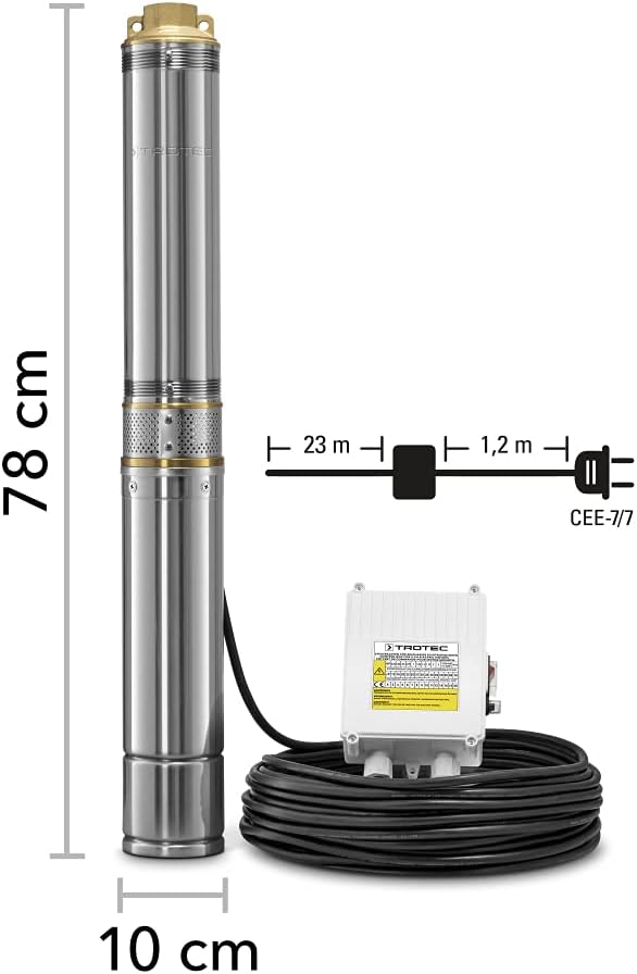 TROTEC Tiefbrunnenpumpe TDP 7501 E – Wasserpumpe mit Fördermenge 6000 l/h, 1100 W – Förderhöhe 90 m, ø 8,6 cm, IP68 für Pumpe, Edelstahlpumpe