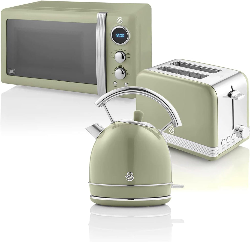 Swan Retro Set Colazione, Bollitore 1,8 l, Tostapane a 2 Fessure Larghe, Microonde Digitale 20 l, 6 Livelli di Potenza, Timer, Sportello a Specchio, Design Vintage, Verde, Taglia Unica