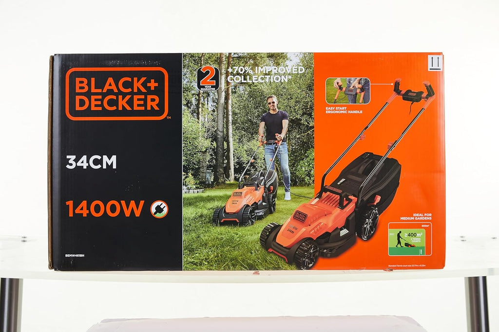 Black+Decker Tagliaerba Elettrico con Impugnatura a Manubrio BEMW461BH (1.400W, Larghezza di Taglio 34cm, 6 Altezze di Taglio, Cesto di Raccolta da 40l, Ideale per Giardini di Medie Dimensioni)