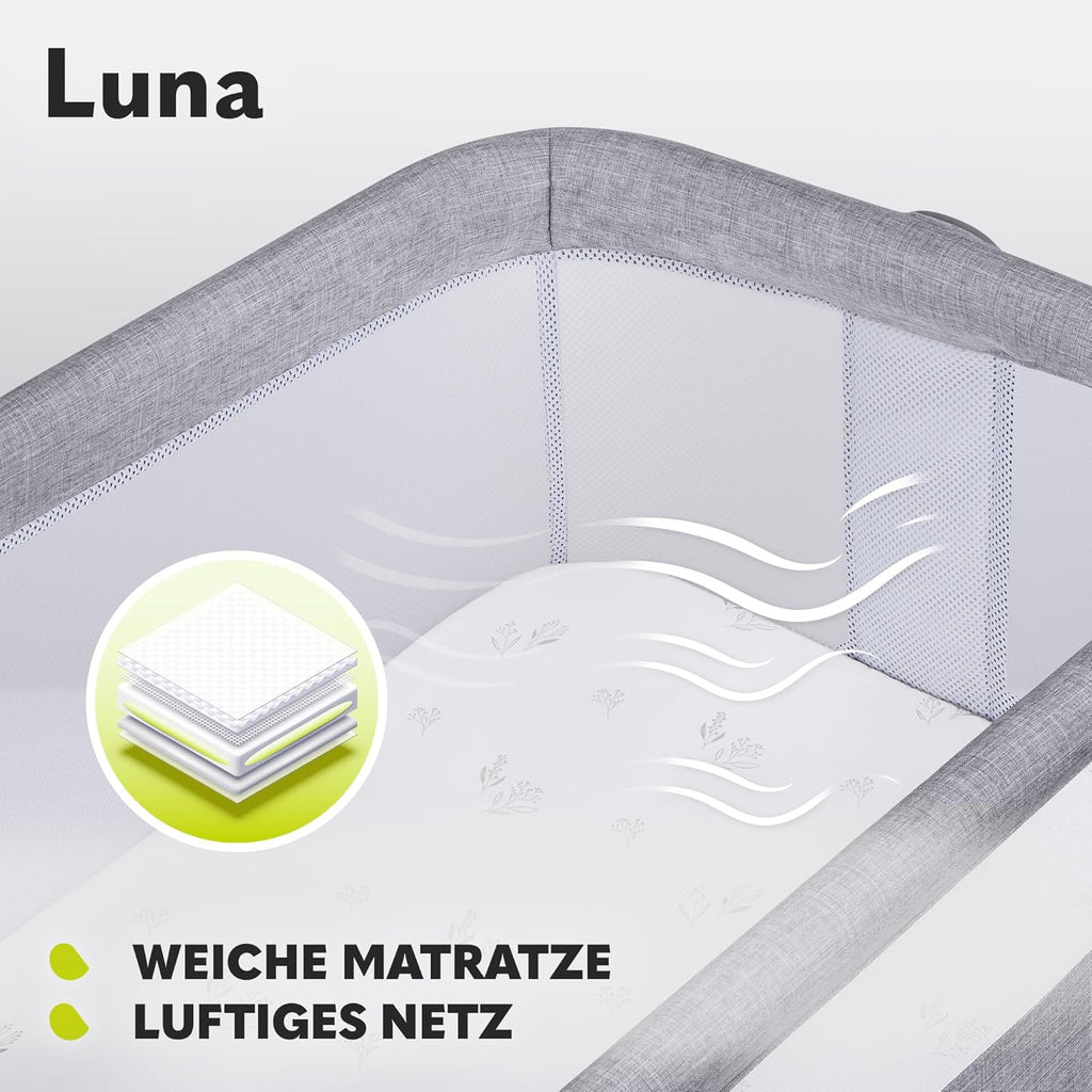 Lionelo Luna EIN tragbares Beistellbett mit Einer Matratze, reisebett, von Neugeboren bis 9 kg, in der Höhe und der Neigung verstellbar, 4 Rädern mit Bremse, Befestigung zum Elternbett (Beige)