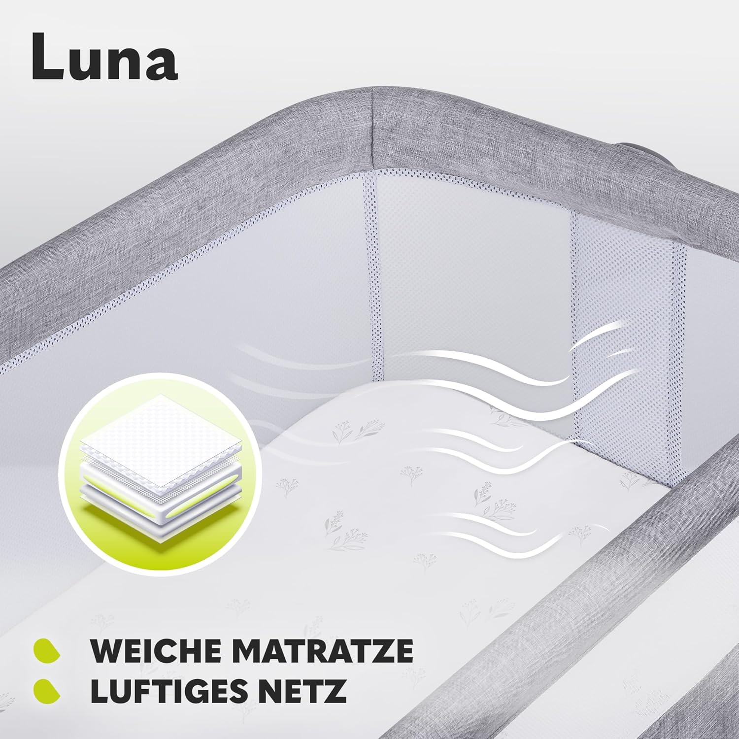 Lionelo Luna EIN tragbares Beistellbett mit Einer Matratze, reisebett, von Neugeboren bis 9 kg, in der Höhe und der Neigung verstellbar, 4 Rädern mit Bremse, Befestigung zum Elternbett (Beige)