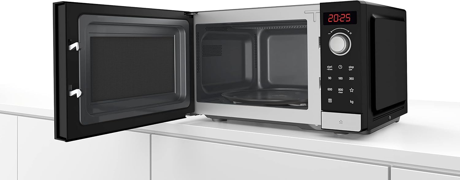 Bosch FFL023MS2 Serie 2 Microonde, 26 x 44 cm, 800 W, Piatto girevole 27 cm, Cerniera porta a sinistra, AutoPilot 7 Programmi automatici, Supporto per la pulizia, Display LED touch, Acciaio inossidabile