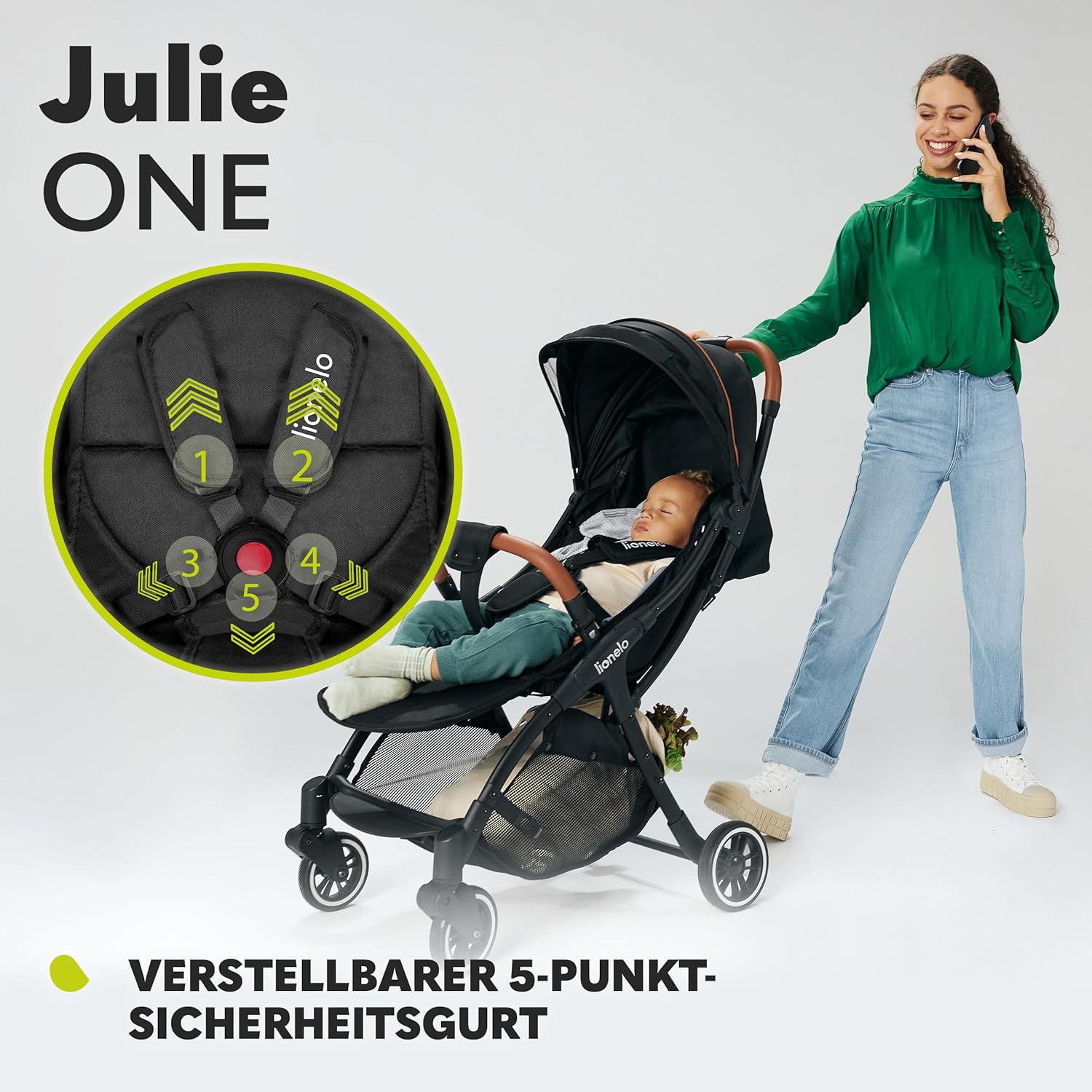 LIONELO Julie One Passeggino da 0 a 22 kg, schienale e poggiagambe regolabili, zanzariera, coprigambe, portabicchieri e borsa da trasporto, pieghevole