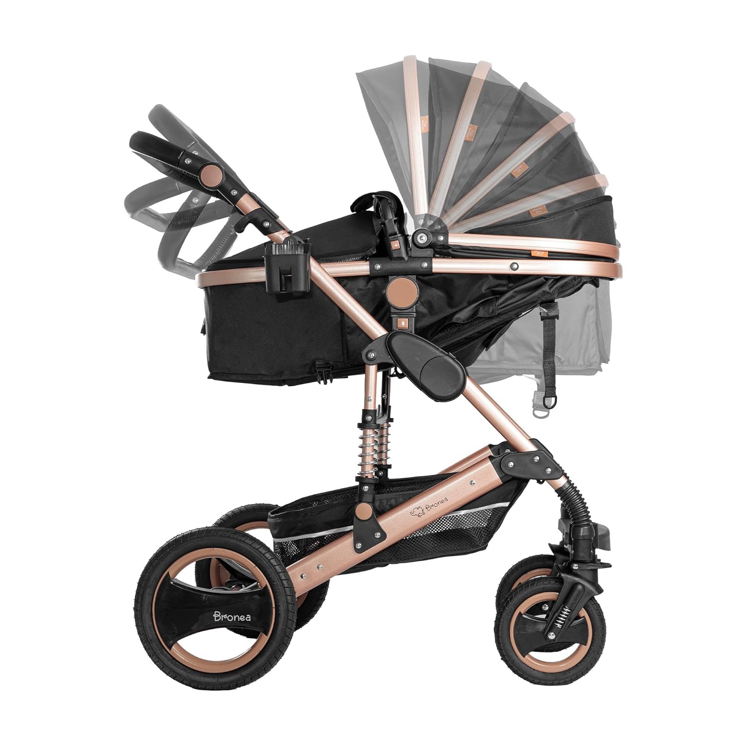 Bronea EXQUISE Kombi-Kinderwagen 3 in 1 INKL. MATRATZE | FARBAUSWAHL | Buggy, Auto-Babyschale, Zusammenklappbar mit Wickeltasche, Regenschutz, Mückenschutz & Sonnenschutz, Farbe:schwarz/champagne
