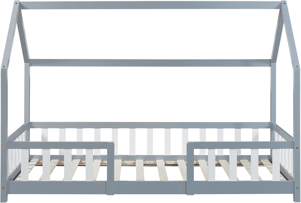[en.casa] Letto per bambini Sisimiut a capanna 80 x 160 cm con protezione anticaduta letto in legno per bambini letto a terra rete a doghe in legno di pino Bianco opaco