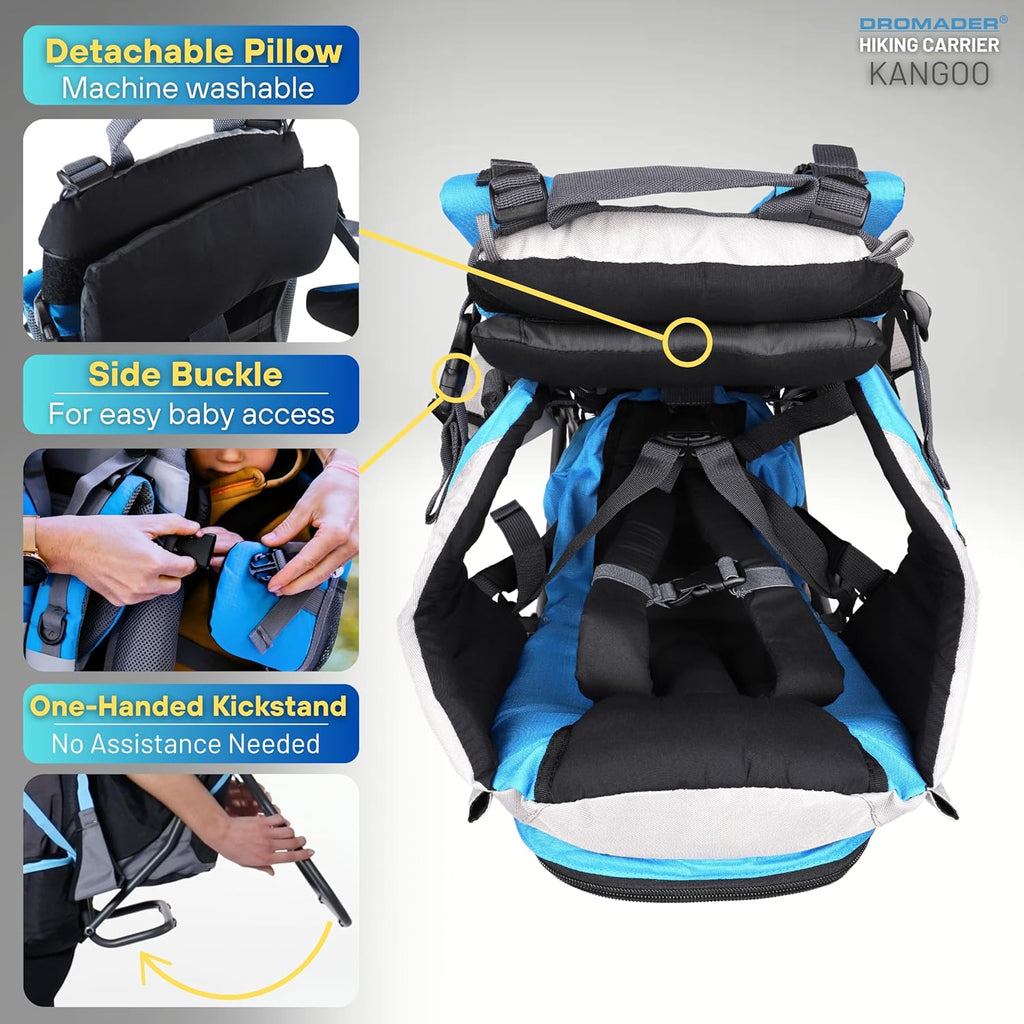 Dromader Kraxe Kindertrage bis 22kg – Kindertrage Wandern mit Sonnendach, Regenschutz, Thermotasche, Wickelmatte – Einhändig klappbare Rahmen – Blau