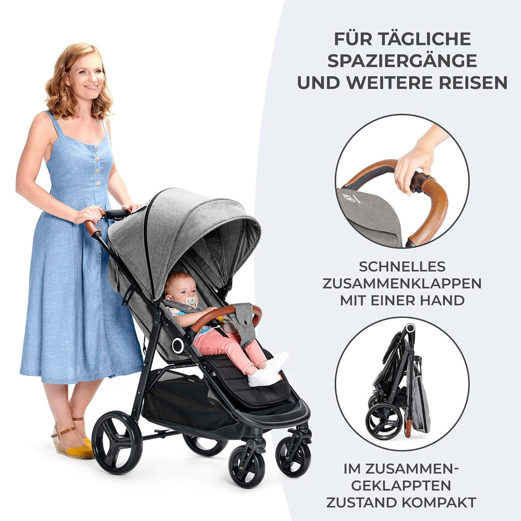 Kinderkraft GRANDE PLUS Passeggino Kinderkraft dalla nascita fino a 22 kg, chiusura con una mano, posizione reclinata, cappottina grande con finestra, tutte e 4 le ruote ammortizzate, seduta spaziosa, Grigio
