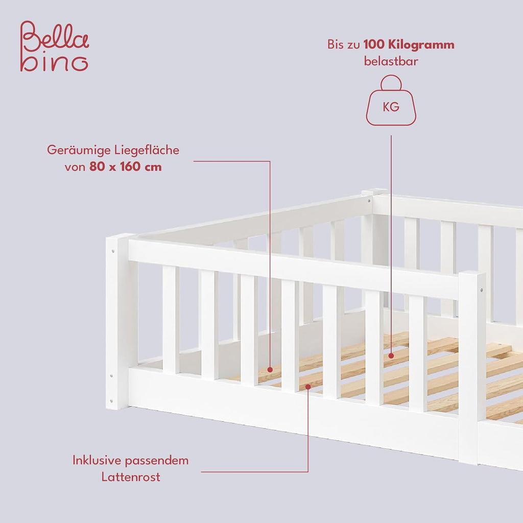 Bellabino Vere Letto a Pavimento 140x200 Montessori, Letto Matrimoniale con Protezione Anticaduta e Rete a Doghe, Letto per Bambini e Bambine in Legno Massello di Pino Bianco con Sbarre