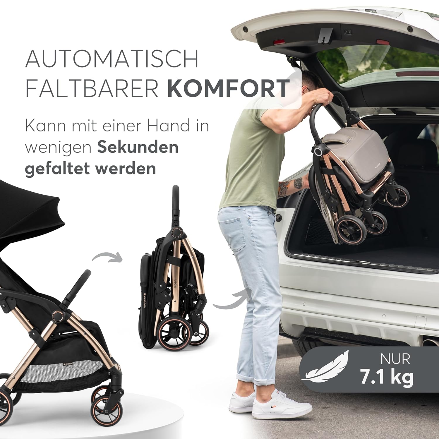 KikkaBoo EDEN Passeggino, passeggino fino a 22 kg, chiusura automatica, posizione reclinata, ultraleggero, compatto, nero