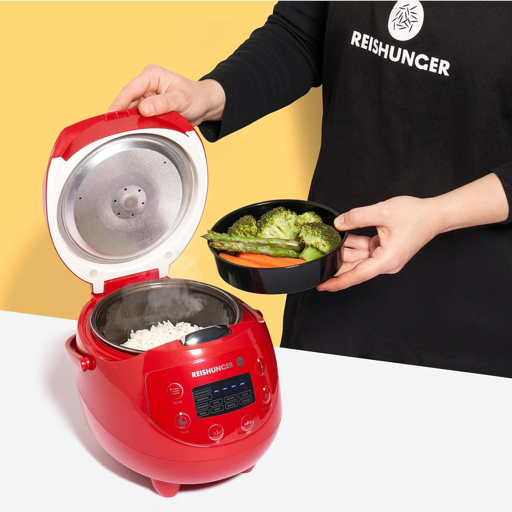 REISHUNGER Cuociriso digitale piccolo, nero | Da 0,6 L fino a 3 persone | Funzione mantenimento calore, timer e pentola premium | Multicooker e vaporiera piccoli, 8 programmi, tecnologia a 7 fasi