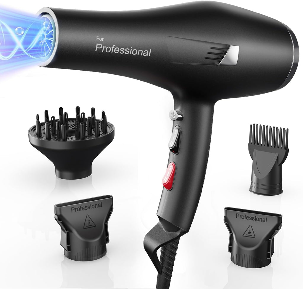 Dekuri Föhn Ionen, Profi Fön Haartrockner Hair Dryer Haarföhn mit 1 Diffusor 2 Stylingdüse, 3 Heiz und 2 Geschwindigkeitsstufen, 2,5 Meter langes Netzkabel, Starker Fön für Familie (Schwarz)