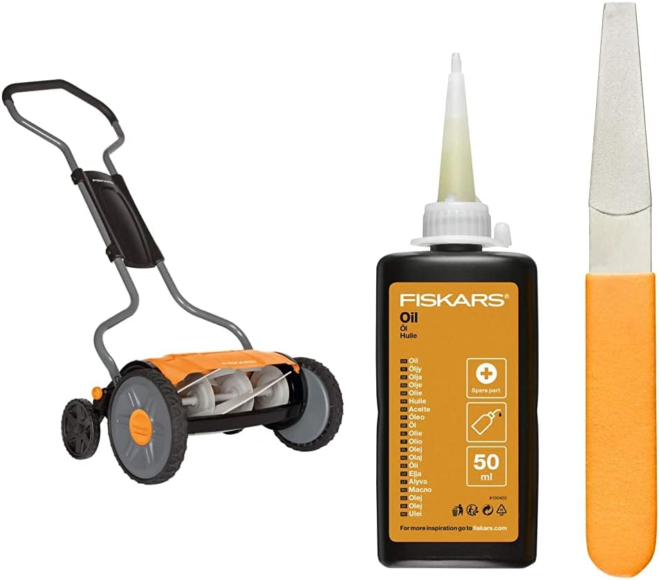 Fiskars Spindelmher, Rasenmher mit berührungslosem Schneidesystem, Schnittbreite: 43 cm, StaySharp Plus, Schwarz/Orange/Silber, 1015649