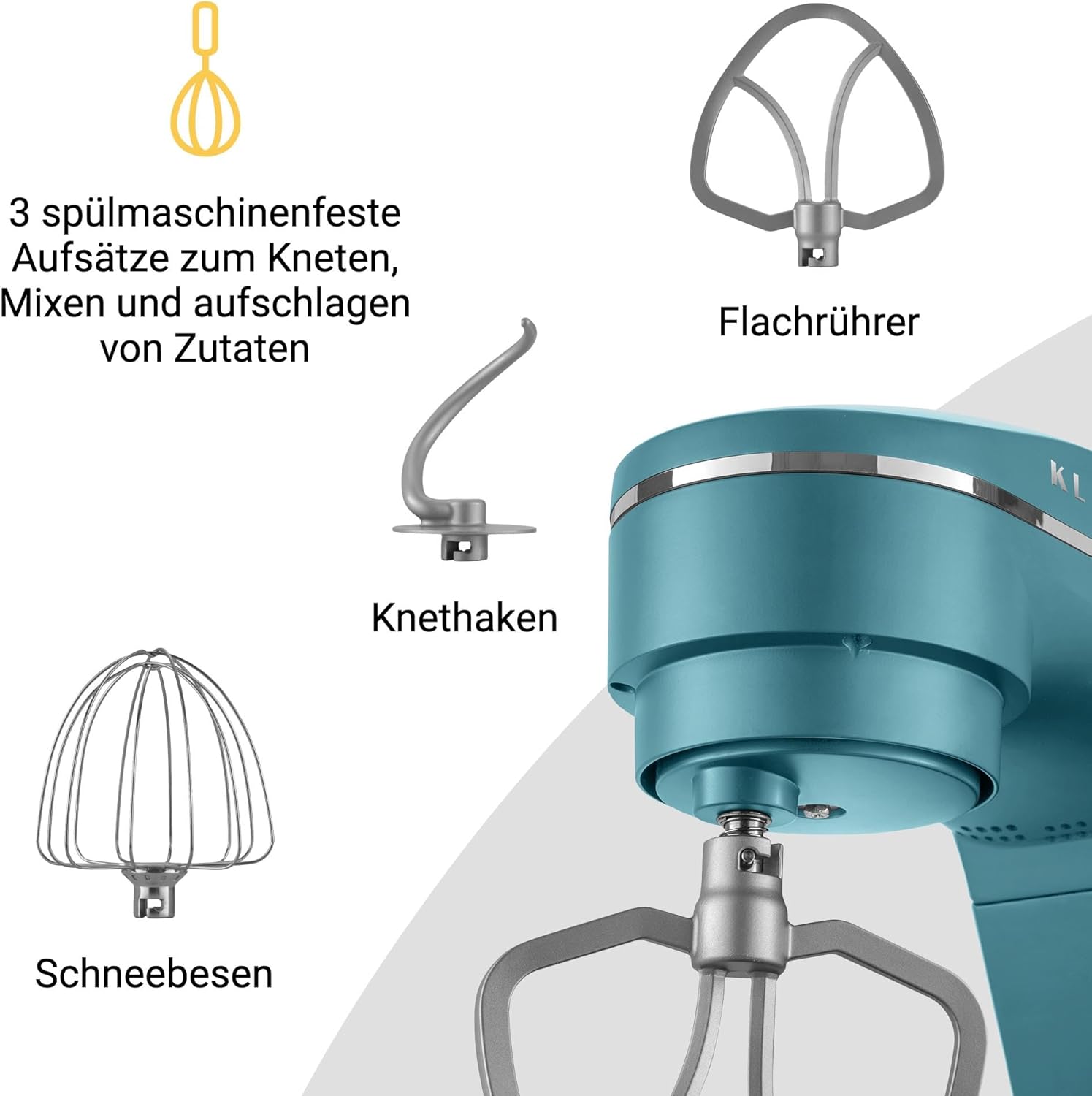 Impastatrice Planetaria KLAMER 1800W, con Ciotola in Acciaio Inossidabile da 6 Litri, 10 Velocità con Timer, Frusta a Filo, Gancio Impastatore, Frusta Piatta e Paraspruzzi