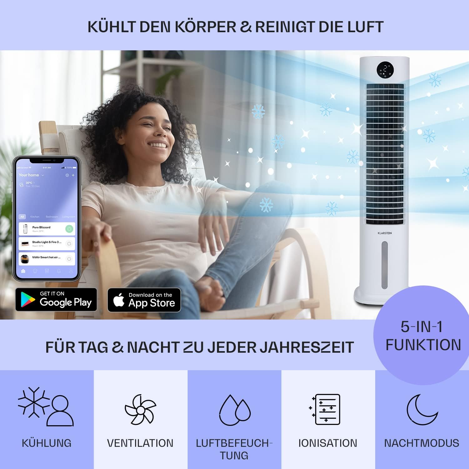 Klarstein Raffreddatore d'aria con Raffreddamento ad acqua, Raffrescatore Evaporativo 5 in 1, Umidificatore, Ventilatore e Purificatore d'aria, Raffreddatore d'aria Portatile con Controllo App, 80W, Flusso d'aria 462m³/h, Bianco