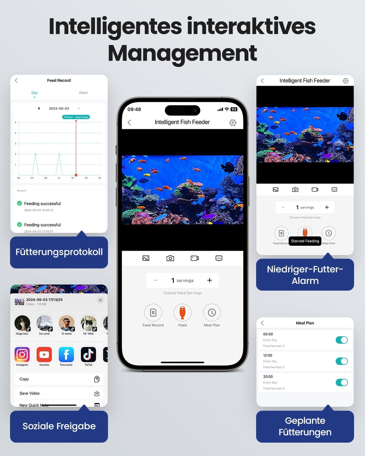 Wolmds automatischer Fischfütterer mit 2.5K Kamera, App-Steuerung, feuchtigkeitsbeständiger Urlaubsfutterspender, Präzisionsfütterungssystem, visueller Monitor für Aquarien, Schildkrötenstiften (FS-2)