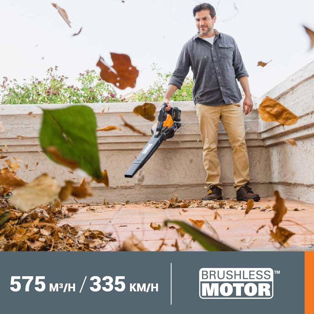 WORX WG583E.9 Soffiatore/Aspiratore per Foglie a Batteria 40V (2x20V) - 2 in 1 per Spazzare e Aspirare le Foglie - Sacco di Raccolta da 35L - Senza Batteria e Caricabatterie, Nero / Arancione