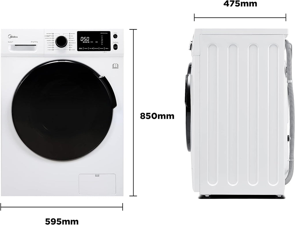 Lavasciuga Midea MF200D86WB-14EAS, 8/6kg lavaggio/asciugatura, Motore Inverter, Refresh, 60 min. Lavaggio e Asciugatura, Steam Care, Turbo Wash, 48 cm profondità, Controllo APP, AquaStop