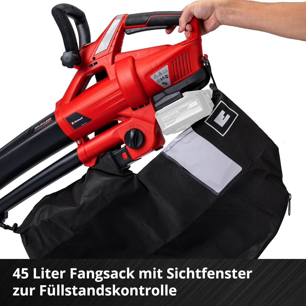 Aspiratore soffiatore per foglie a batteria Einhell GE-CL 36 Li E-Solo Power X-Change (Ioni di litio, 2 x 18 V, velocità aria 210 km/h, motore senza spazzole, sacco raccolta da 45 l, tracolla, senza batteria e caricabatteria)