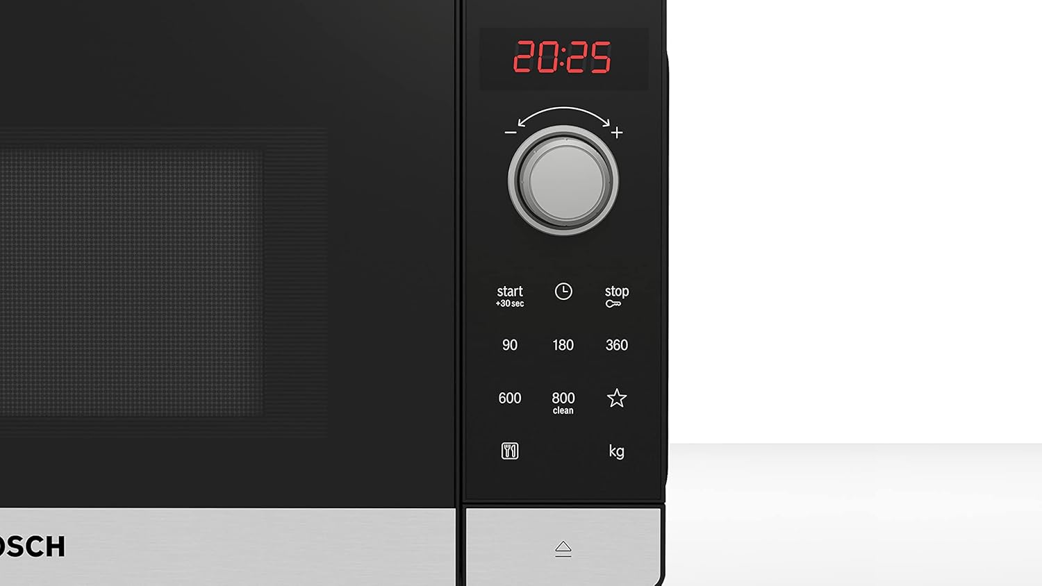 Bosch FFL023MS2 Serie 2 Microonde, 26 x 44 cm, 800 W, Piatto girevole 27 cm, Cerniera porta a sinistra, AutoPilot 7 Programmi automatici, Supporto per la pulizia, Display LED touch, Acciaio inossidabile