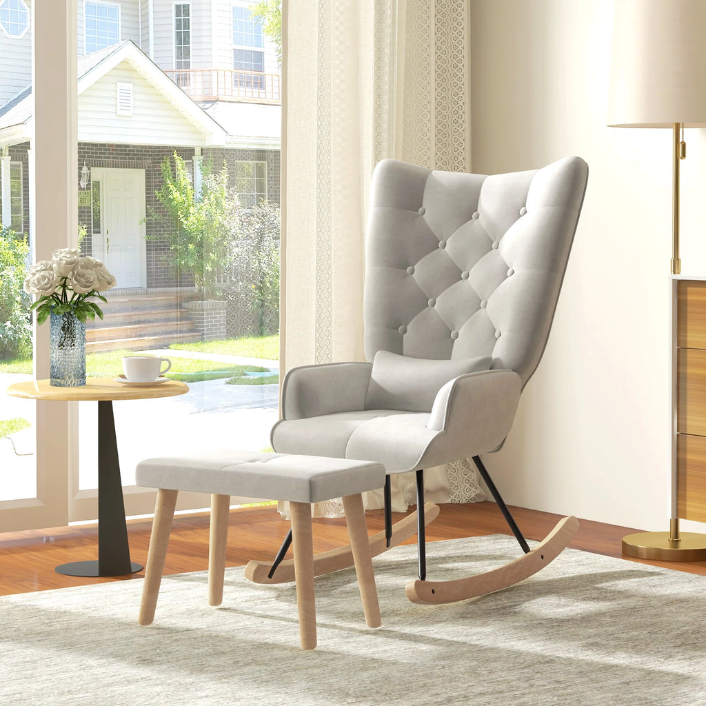 HOMCOM Relaxsessel mit Hocker Schaukelstuhl Set Samt Cremeweiß