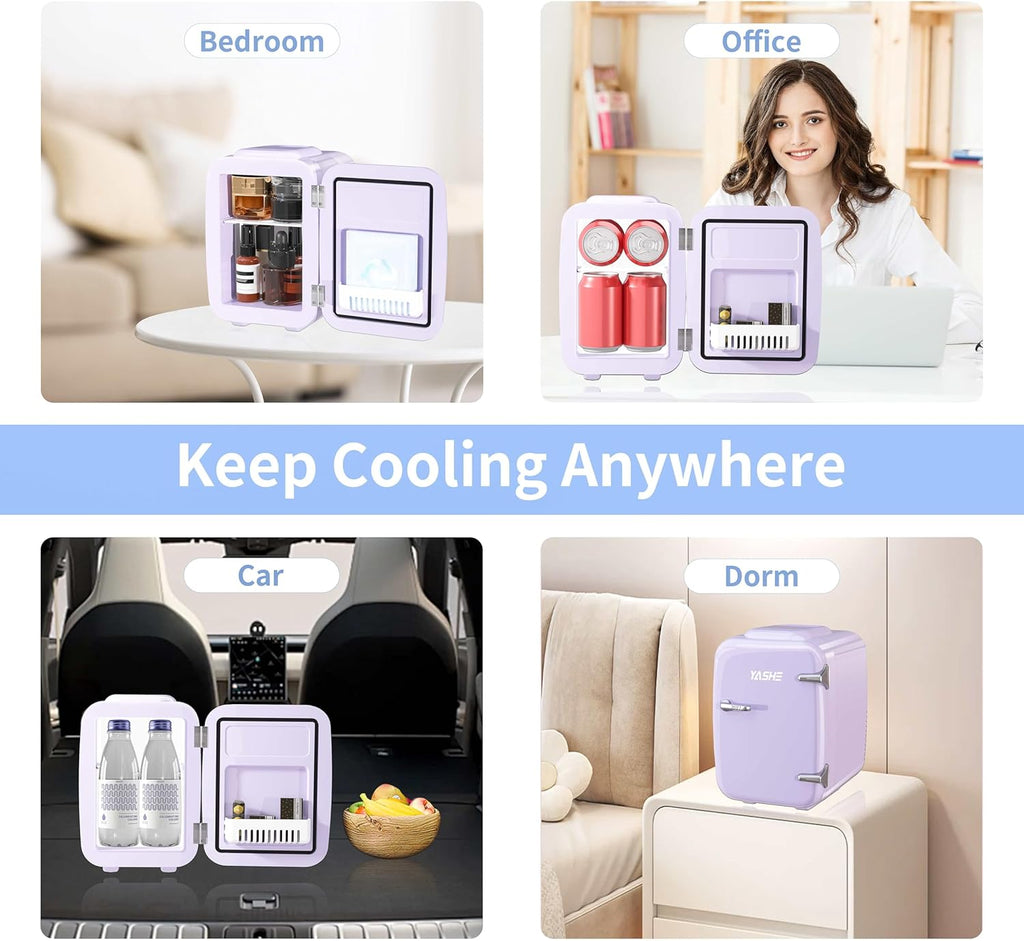 YASHE Mini Fridge, 4 Litre Mini Refrigerators for Cosmetics, Drinks, 220 V AC/12 V DC Thermoelectric Cooling and Heating, Small Fridge for Bedroom, Office, Dorm, Car (Pink)
