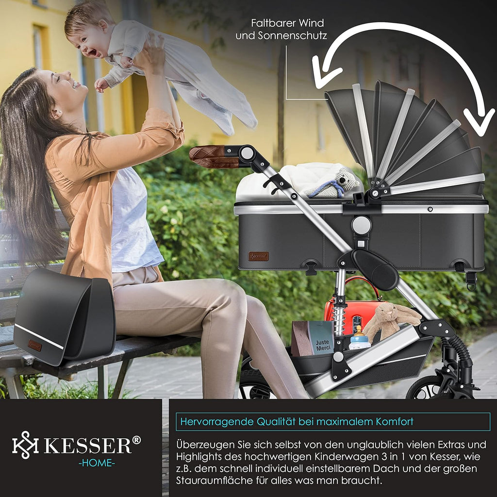 KESSER® Loops Passeggino Trio 3 in 1, Set Completo con Navicella, Seduta Passeggino e Seggiolino Auto Ovetto, Ruote in Gomma Piena, Borsa Fasciatoio, Parapioggia, Tavolino, ECE R129, Nero/Champagne